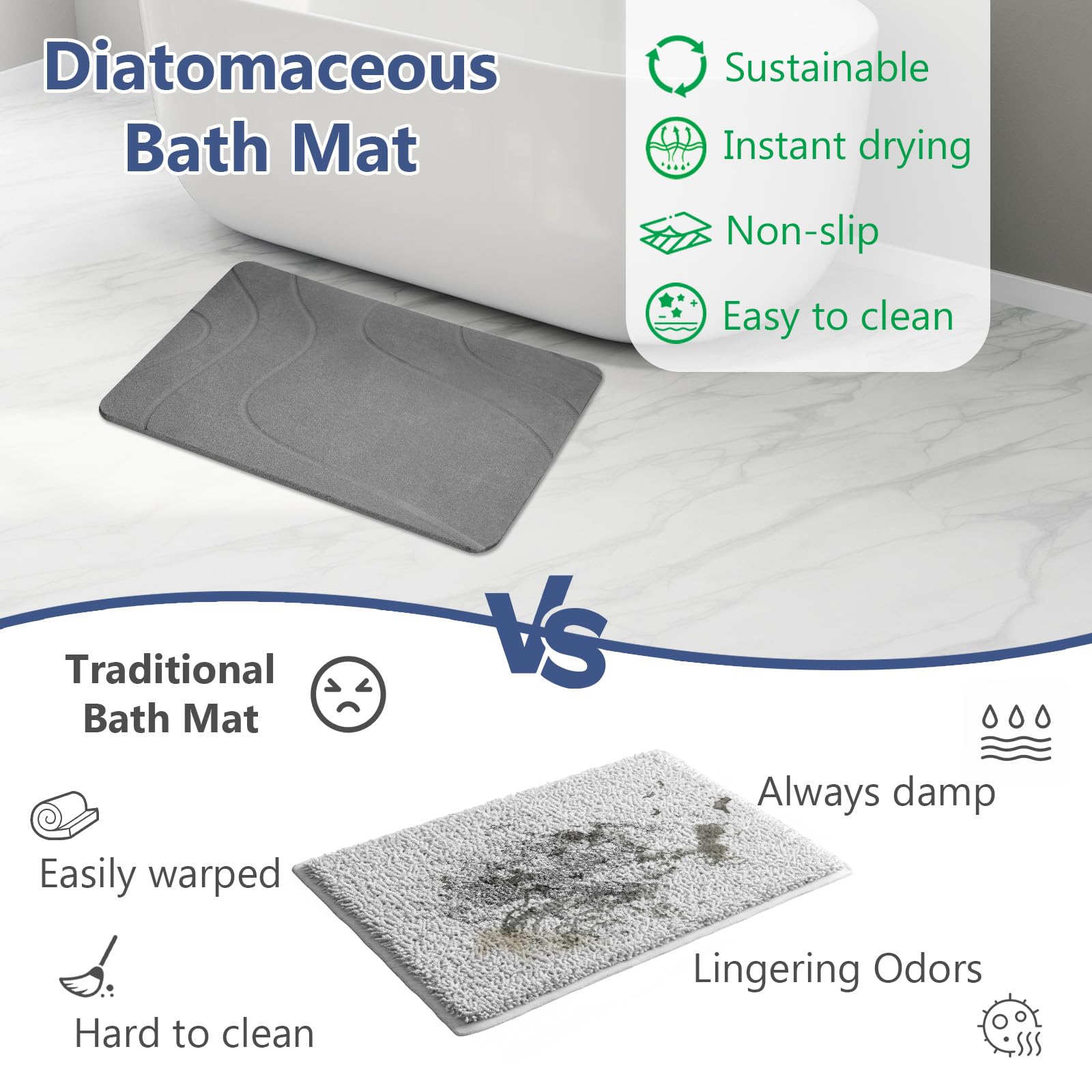 Ceecysaa Stone Bath Mat, Non-Slip Diatomaceous Earth Shower Mat, Quick Drying Bath Mat Stone, Super Absorbent Diatomite Bath Mats for Bathroom Kitchen, Easy to Clean, 60 x 39cm, Dark Gray