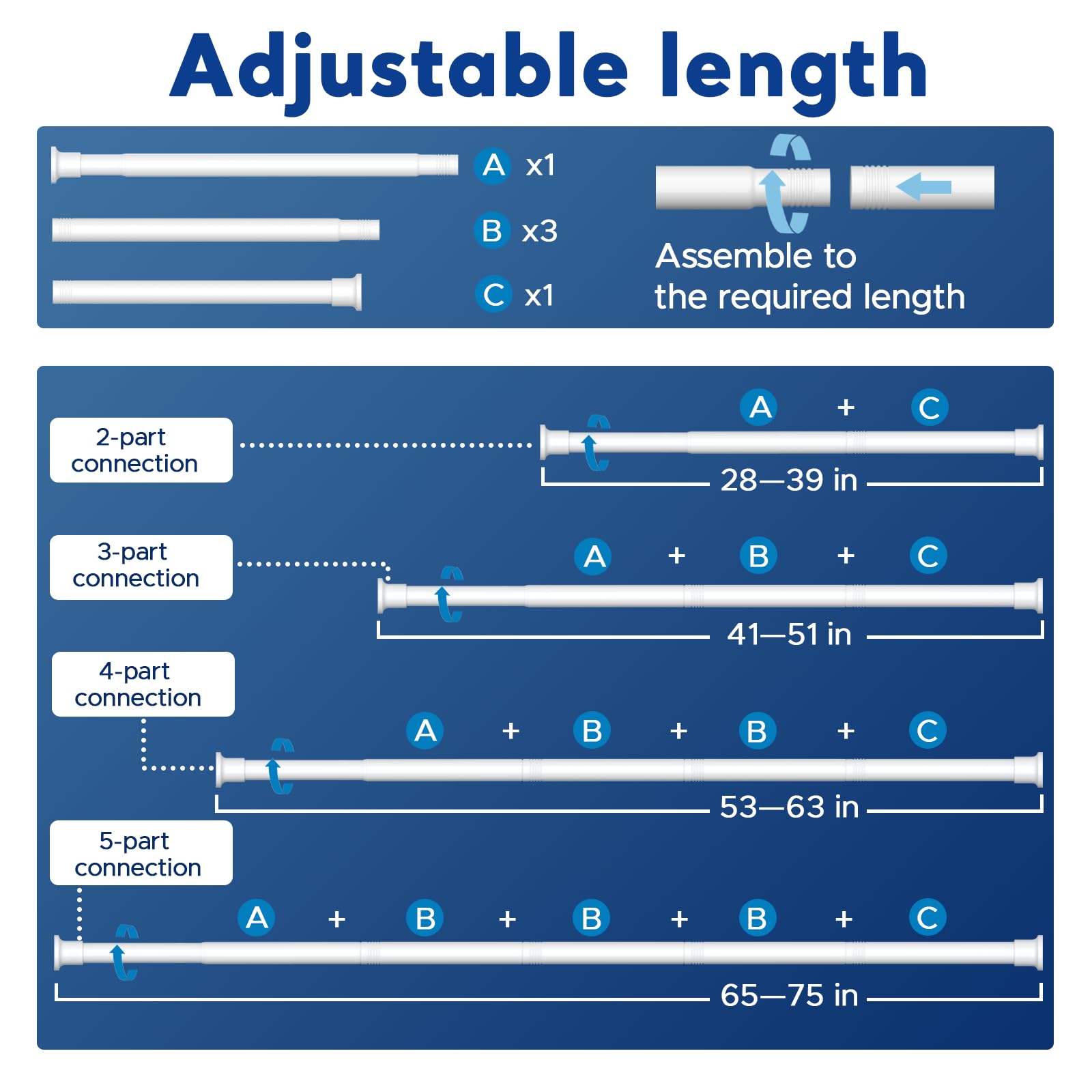 Bsyxlsx Shower Curtain Rod (1 Inch Diameter) - 28 to 73 Inches Adjustable, Never Rust Shower Rod, No Drill Tension Curtain Rod for Bathroom, Window, Doorway，Kitchen