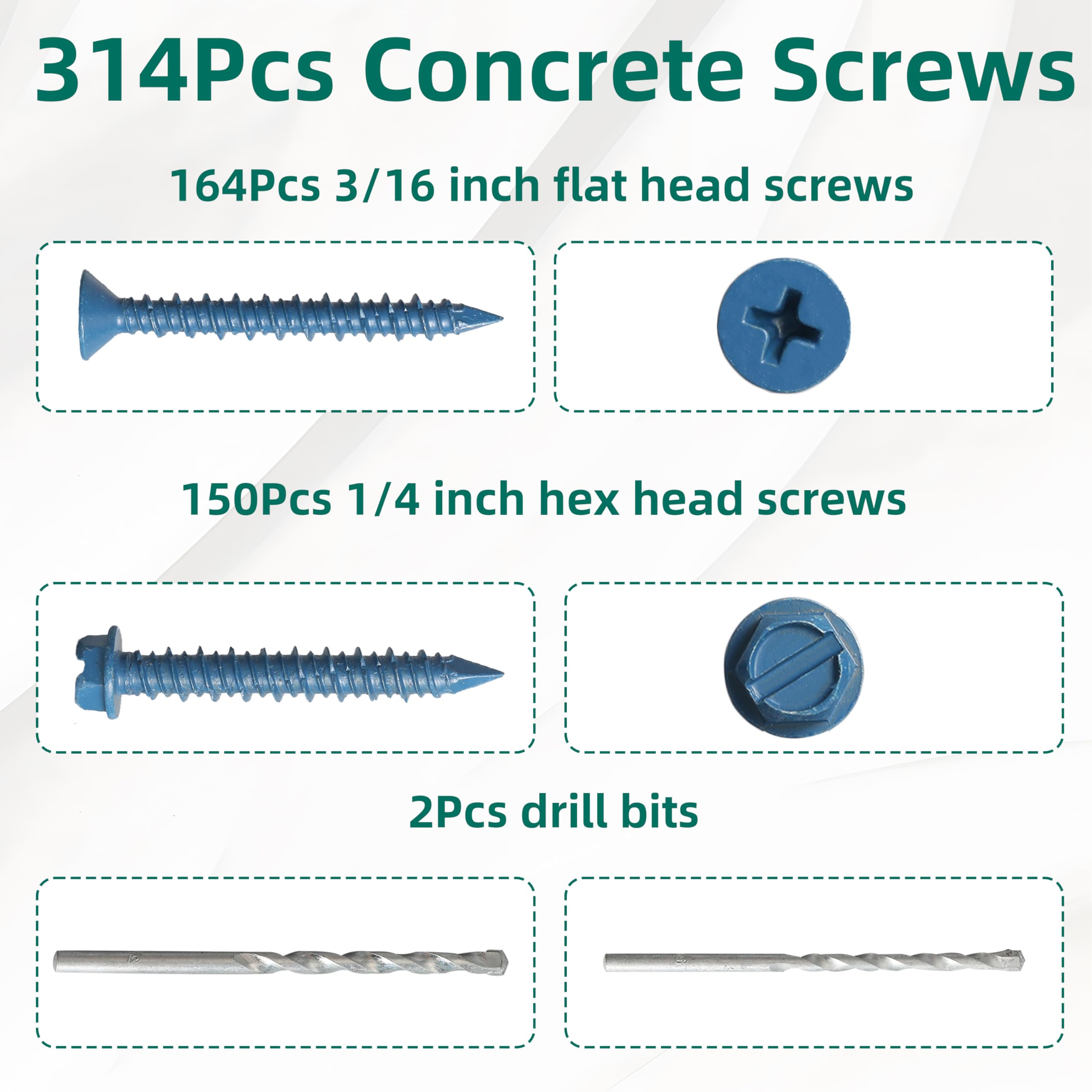 314Pcs Concrete Screws Set,Carbon Steel 1022A Flat & Hex Head Concrete Screws 1/4" x1-1/4 to 2-1/4" and 3/16" x1-1/4 to 2-3/4"Screw Assortment Kit