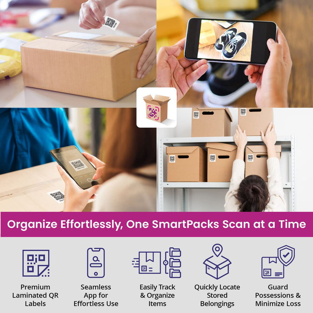 SmartPacks QR Code Stickers | 48 Premium Smart Labels with App | Advanced Pack and Track Labels with QR Code for Inventory, Storage, Moving