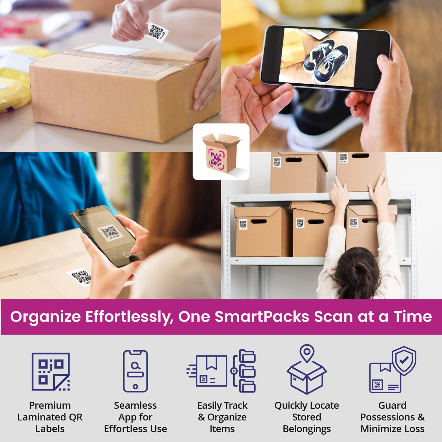 SmartPacks QR Code Stickers | 48 Premium Smart Labels with App | Advanced Pack and Track Labels with QR Code for Inventory, Storage, Moving