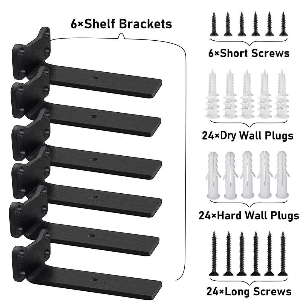 Floating Shelf Brackets Heavy Duty Industrial L Shelf Bracket 1/5 Inch Thick Premium Solid Steel Shelf Supports, Black Rustic Wall Brackets for Shelves - 5 Inch Floating Shelves Hardware (6 Pack)