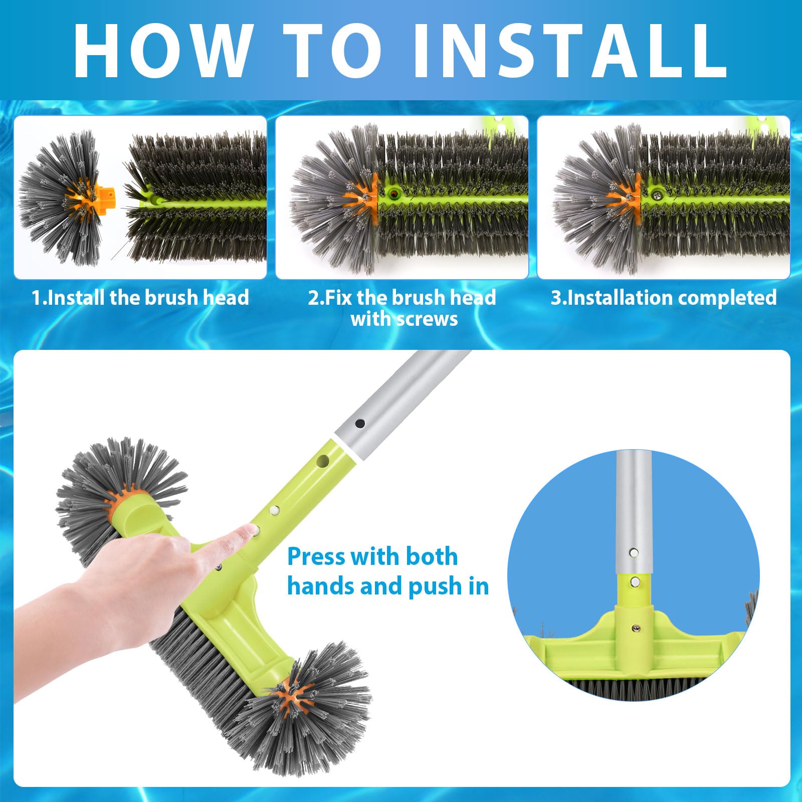 Pool Brush with Round End Brush Head, 7 Rows 13" Pool Brush with Aluminum Handle for Swimming Pool Walls, Tiles Floors, Spa, Hot Tub, Steps, Corners, Inground & Above Ground Pool Accessories