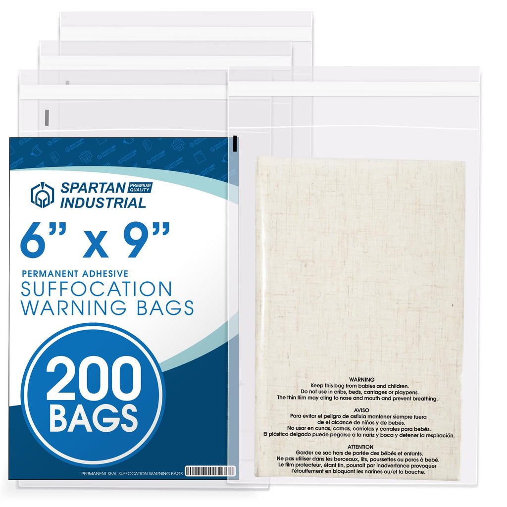 Spartan Industrial - 6” X 9” (200 Count) Self Seal Clear Poly Bags with Suffocation Warning for Packaging & Shipping - Permanent Adhesive