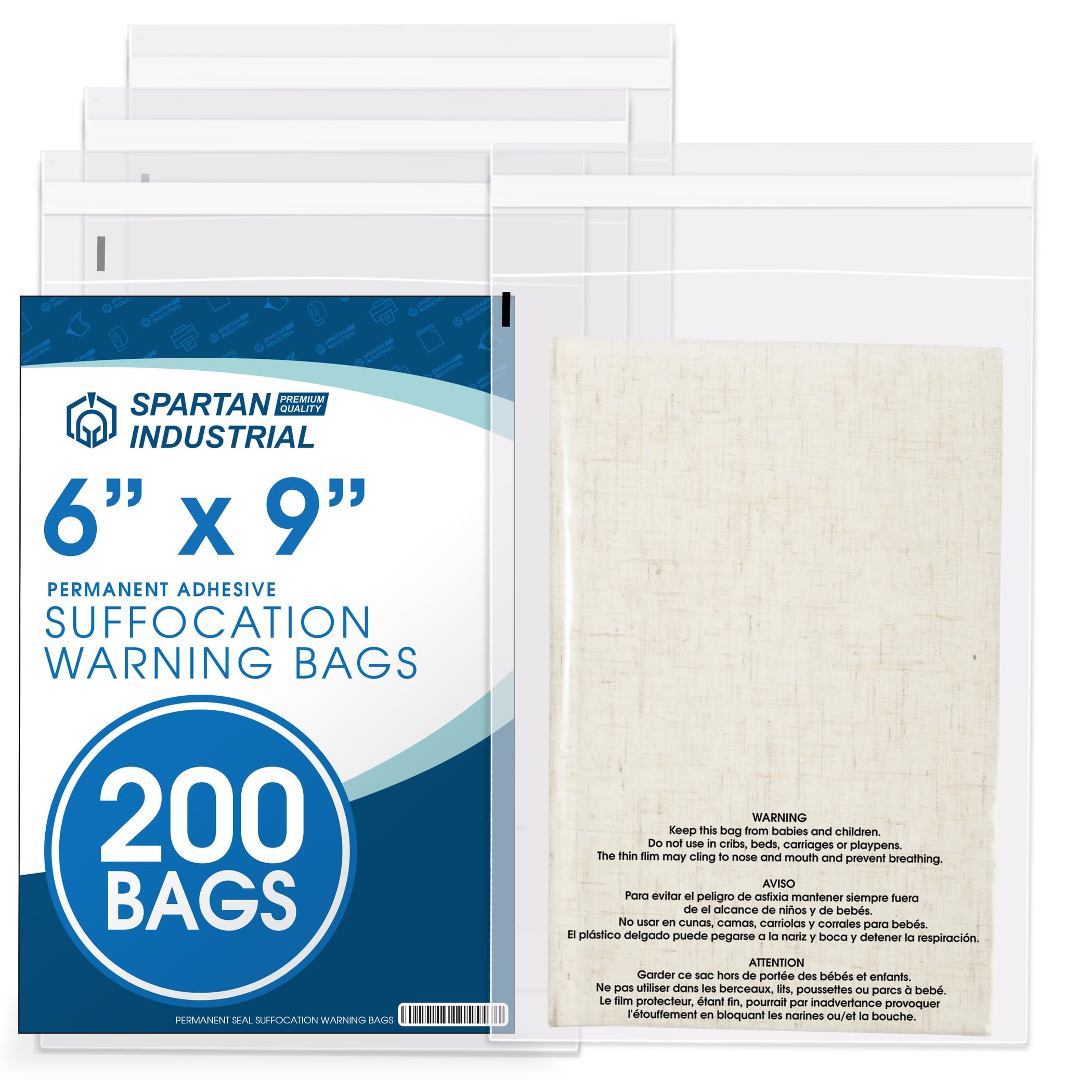 Spartan Industrial - 6” X 9” (200 Count) Self Seal Clear Poly Bags with Suffocation Warning for Packaging & Shipping - Permanent Adhesive