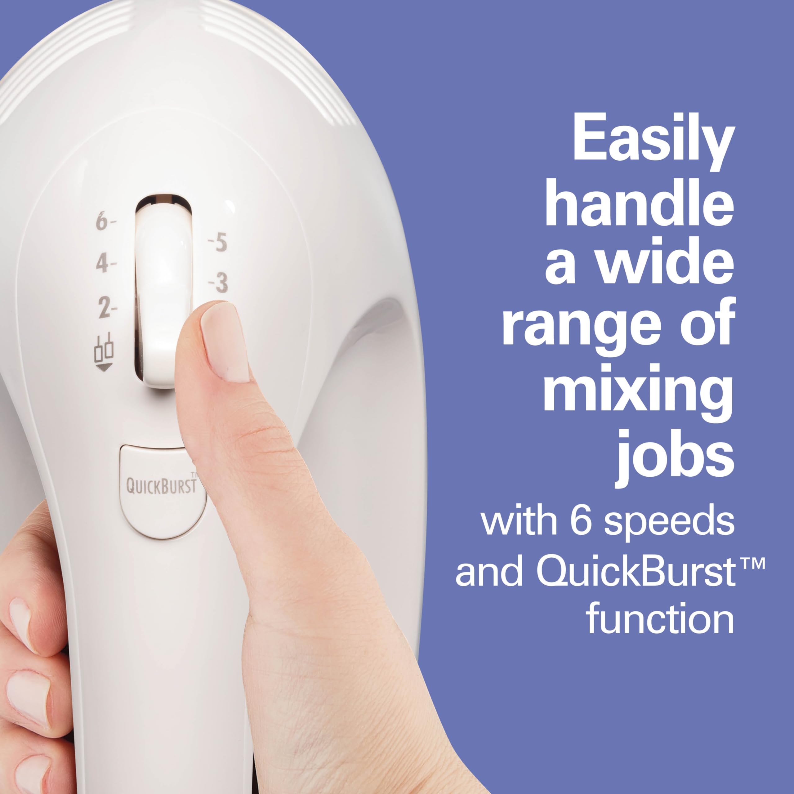 Hamilton Beach 6-Speed Electric Hand Mixer for Baking, 275W, Easy Clean Beaters, Dough Hooks, Whisk, Snap-On Storage Case, White (62636J)