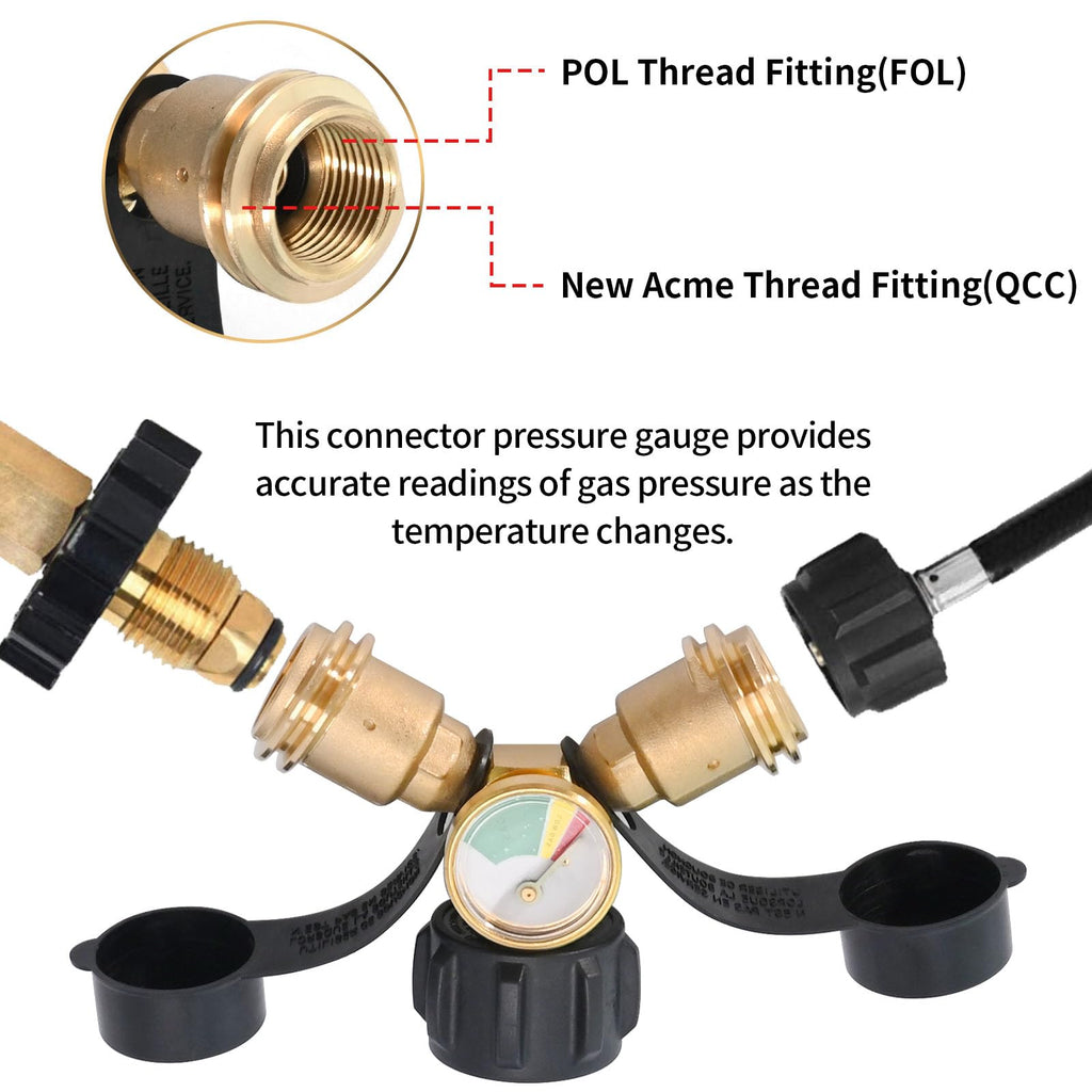 Anxingo Propane Y Splitter Adapter with Gauge and Shut-Off Valve 100% Solid Brass LP Gas Tee Connector with Male QCC and 2-Female QCC for LP Tank Cylinder BBQ Grill Heater Stove and More