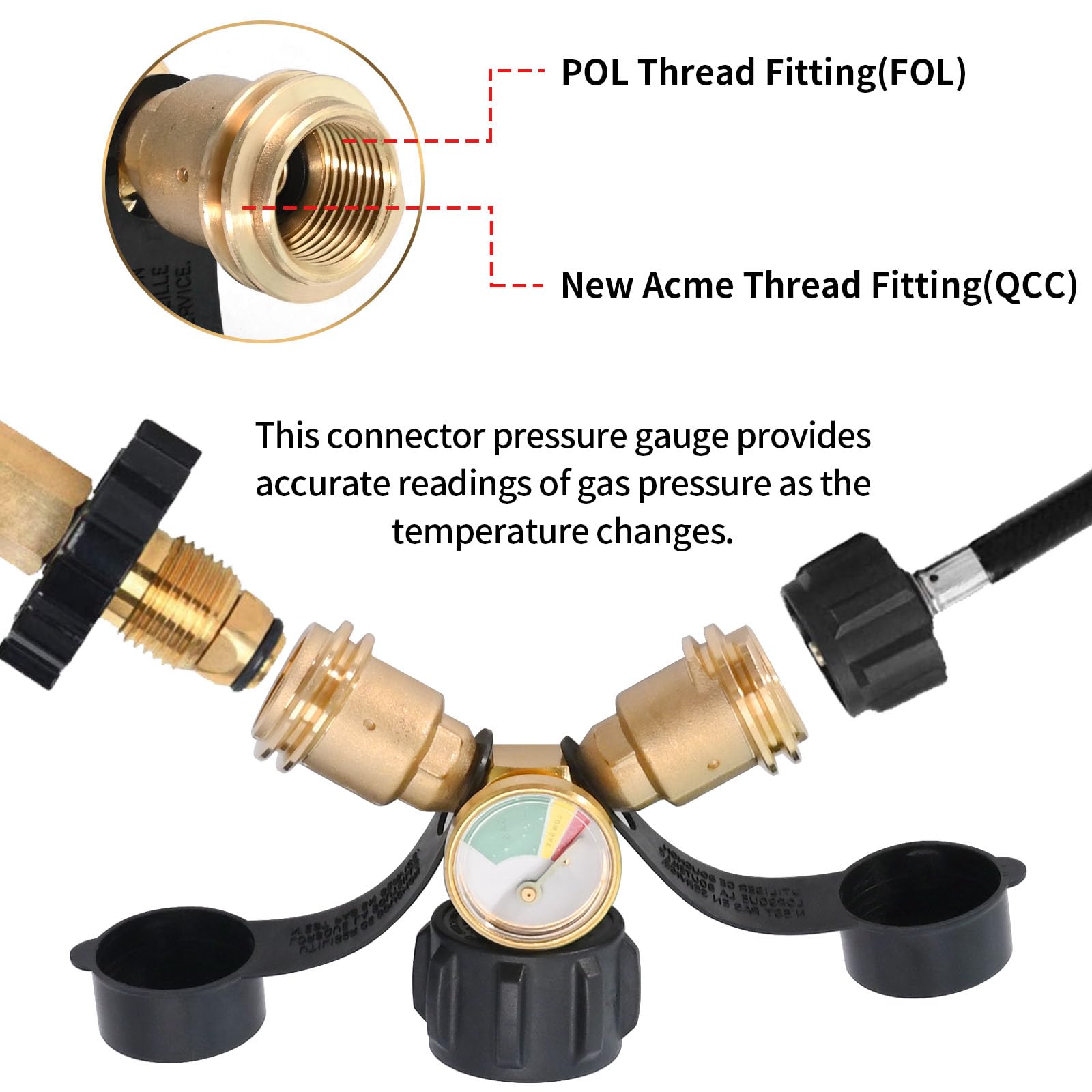 Anxingo Propane Y Splitter Adapter with Gauge and Shut-Off Valve 100% Solid Brass LP Gas Tee Connector with Male QCC and 2-Female QCC for LP Tank Cylinder BBQ Grill Heater Stove and More