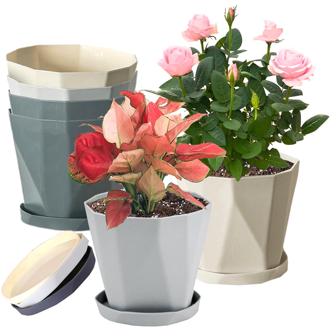 XINHUISHQZ 5 Inch Plant Pots, 6 Pack Plastic Planters Modern Flower Pot with Drainage Holes and Saucers for All House Plants, Herbs, Flowers and Seeding Nursery (5inch-6pcs)