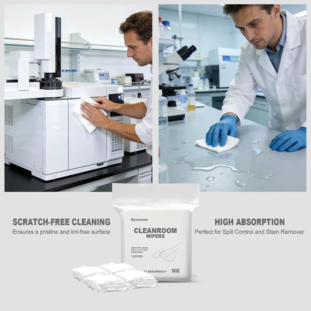 Synvicovan Cleanroom Wipers 4"x4"(400 Pcs, 100% Polyester, Class 100, 120GSM) Double Knit 100% Lint Free Cloths with Ultra-fine Filaments, Laser Sealed Edge Ultra-Soft Wipers