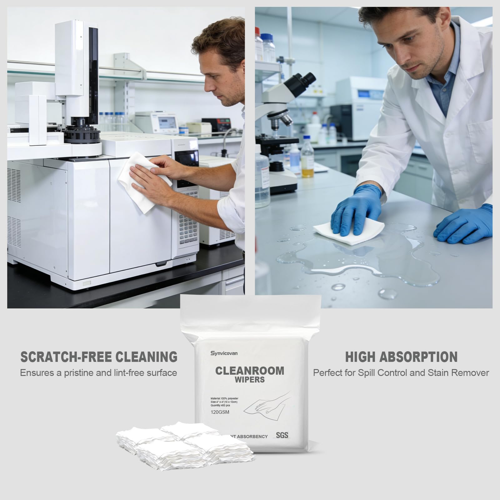 Synvicovan Cleanroom Wipers 4"x4"(400 Pcs, 100% Polyester, Class 100, 120GSM) Double Knit 100% Lint Free Cloths with Ultra-fine Filaments, Laser Sealed Edge Ultra-Soft Wipers