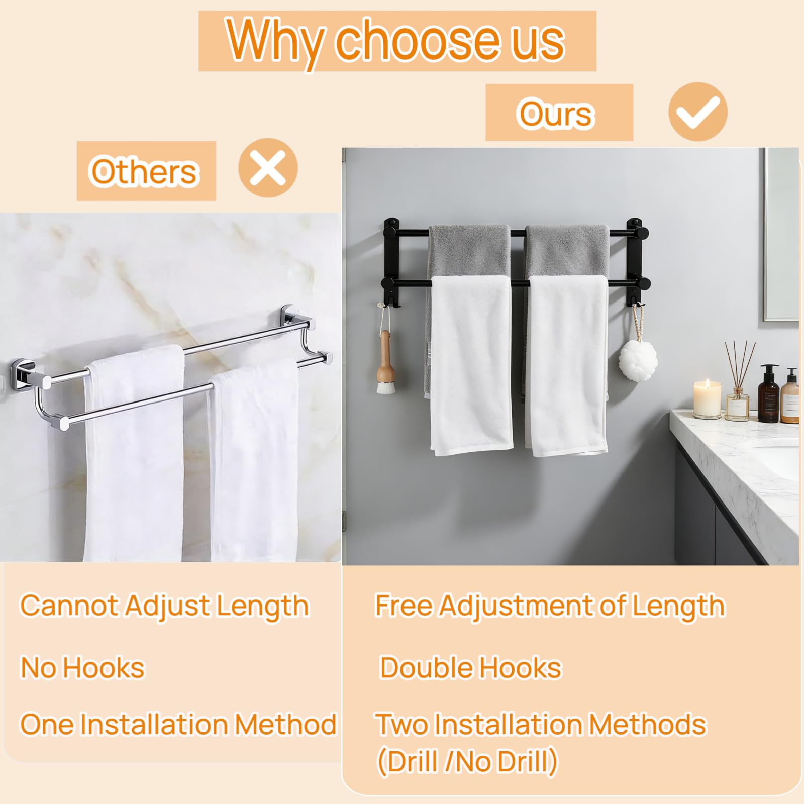 MEKENSO SUS304 Dual Bar Adjustable Towel Bar, Expandable Space Saving Towel Rack, Bathroom Towel Holder with Double Hook 16.9 to 29.9 Inch, No Drill/Screw Installation.（Black）