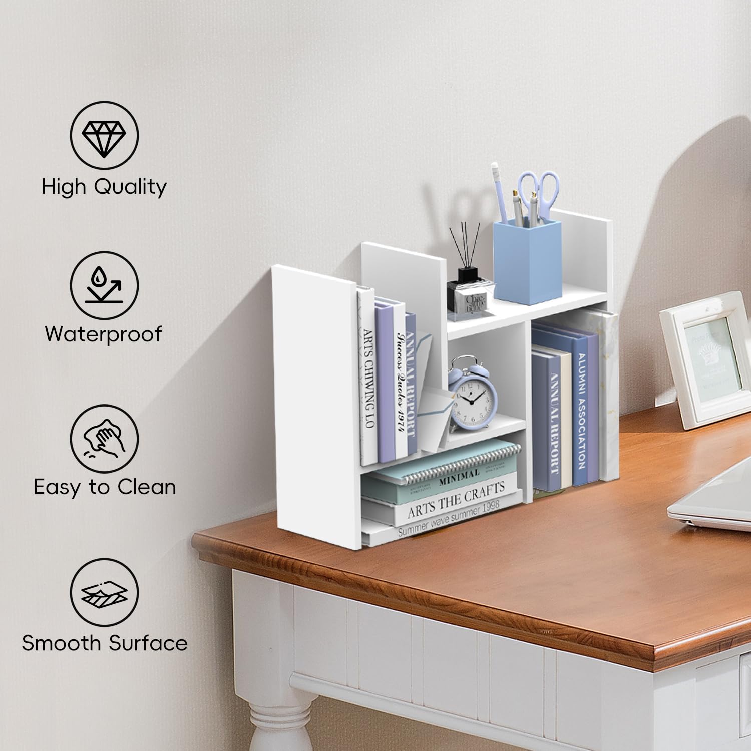 SUPEASY Wood Desk Shelf, Desktop Organizer Adjustable Desk Hutch, 5 Units, Desk Organizers and Accessories, Book Shelf Organizer for Home, Office, 16" L x 15.8" H x 6.8" W, White