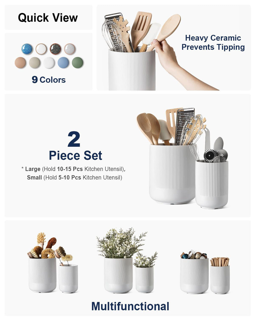 LE TAUCI Utensil Holder, Set of 2, 7.3"+5.4" Ceramic Kitchen Utensil Holder for Counter, Large Cooking Utensil Crocks for Kitchen Decor, Morden Utensil Organizer for Spatula, White