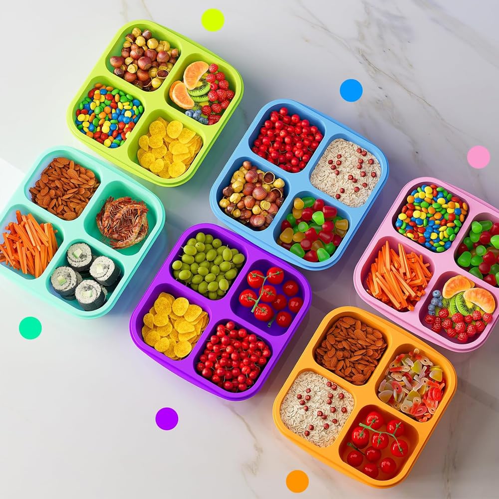 6 Pack Bento Snack Containers Set，Reusable 4 Compartment Divided Food Storage Containers with Lids Stackable for School, Work, and Travel