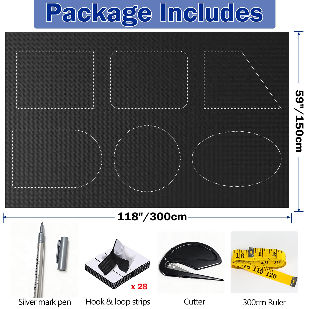 WOHOHOHO 100% Blackout Blinds Set for Bedroom, 59" x 118" Portable Black Out Curtains with 28 Velcros, Marker Pen 3M Measuring Tape for Blackout Window Film, Temporary Shades for Windows Coverings