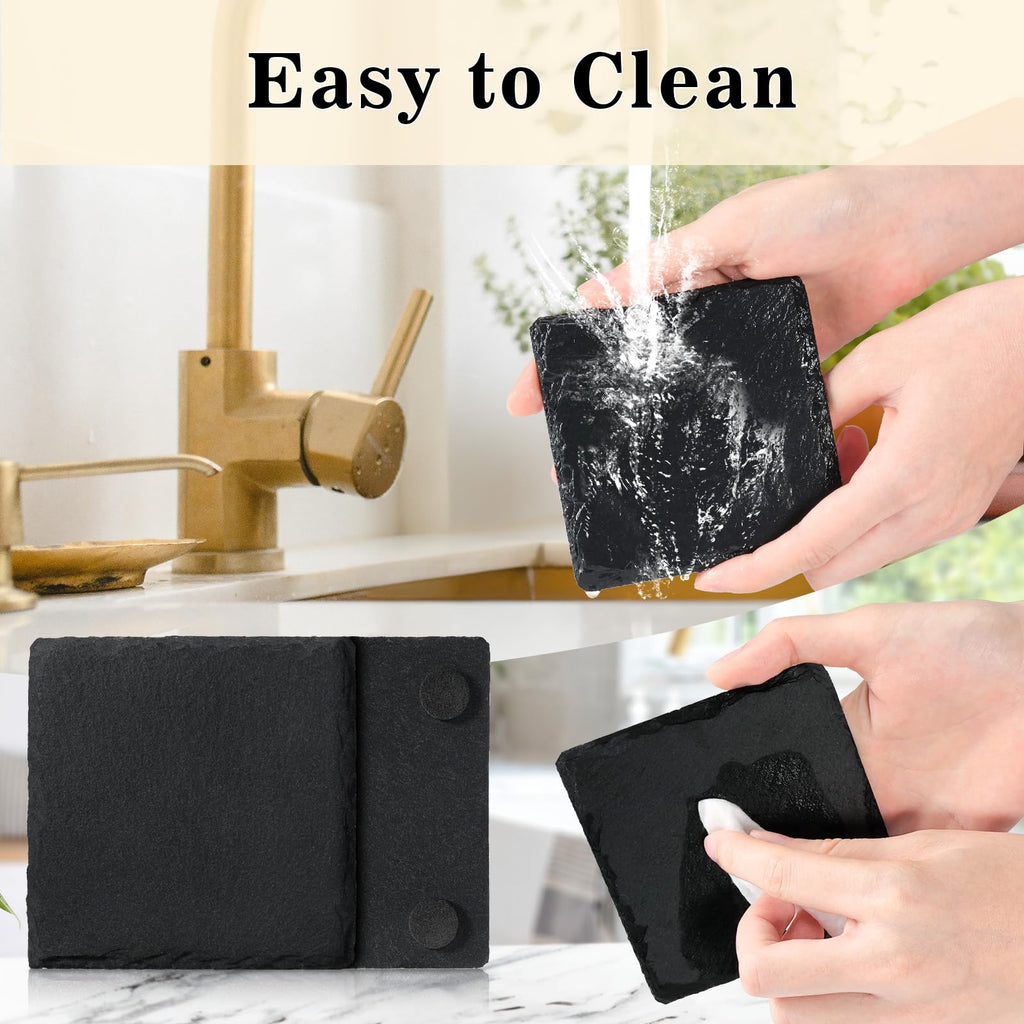 Slate Coasters, MAPRIAL 4 Inch 12 Pieces Square Rustic Black Stone Coasters Set for Drinks with Anti-Scratch Backing for Bar, Table, Kitchen, Housewarming Gifts, Home, Decor