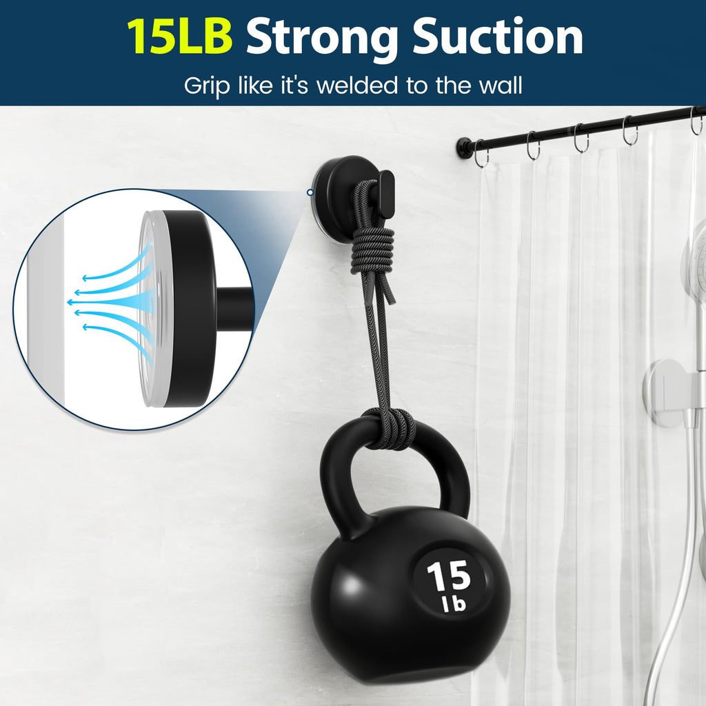 Suction Cup Hooks for Shower: 15 LB Strong Wall Hanger for Bathroom, Front Door, Glass, Window, RV, Holder for Towel, Christmas Wreath, Coat, Loofah, Waterproof & Reusable, Matt Black 4 Pack
