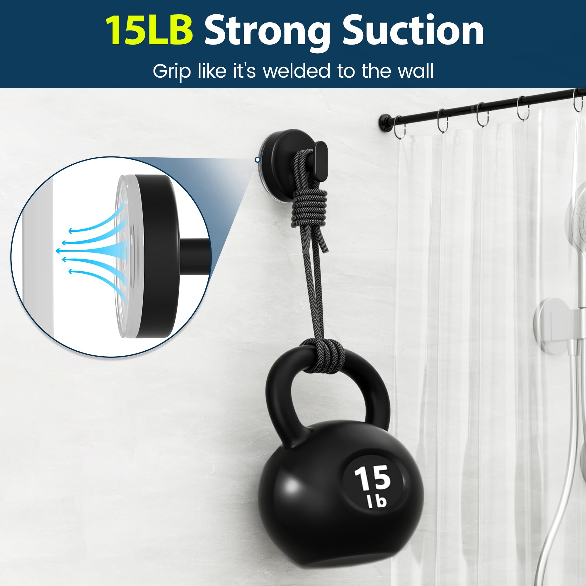 Suction Cup Hooks for Shower: 15 LB Strong Wall Hanger for Bathroom, Front Door, Glass, Window, RV, Holder for Towel, Christmas Wreath, Coat, Loofah, Waterproof & Reusable, Matt Black 4 Pack