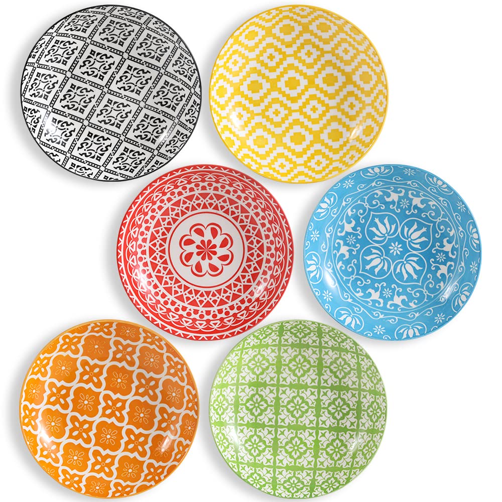 Pasta Bowls Set of 6 – 23 oz Shallow Ceramic Pasta Bowls, Perfect for Pasta, Salad, Soup & More – Microwave, Dishwasher & Oven Safe Colorful Pasta Bowl