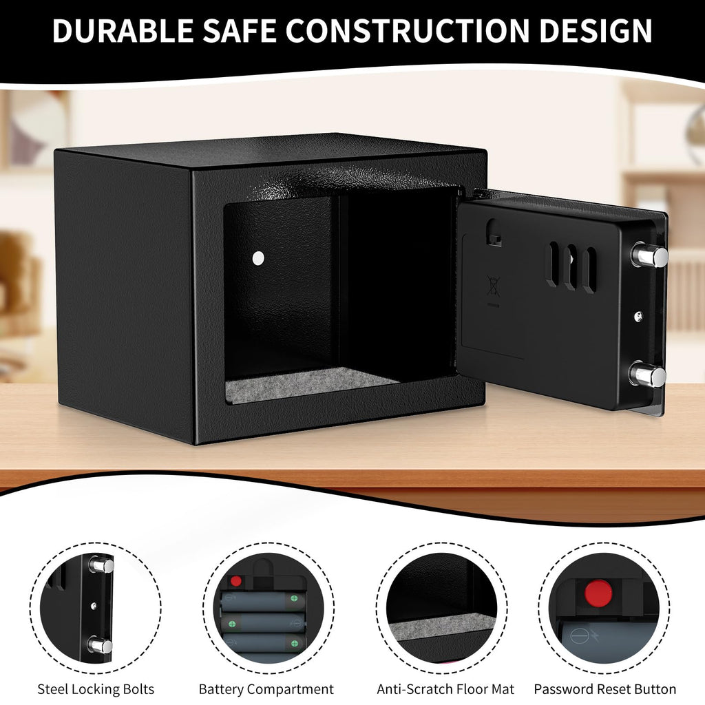 KABISAFE Safe Box 0.3 Cubic Feet, Small Safe with Digital Keypad and Key, Anti Theft Safe for Jewelry Watch Cash, Personal Money Safe for Home (Black)
