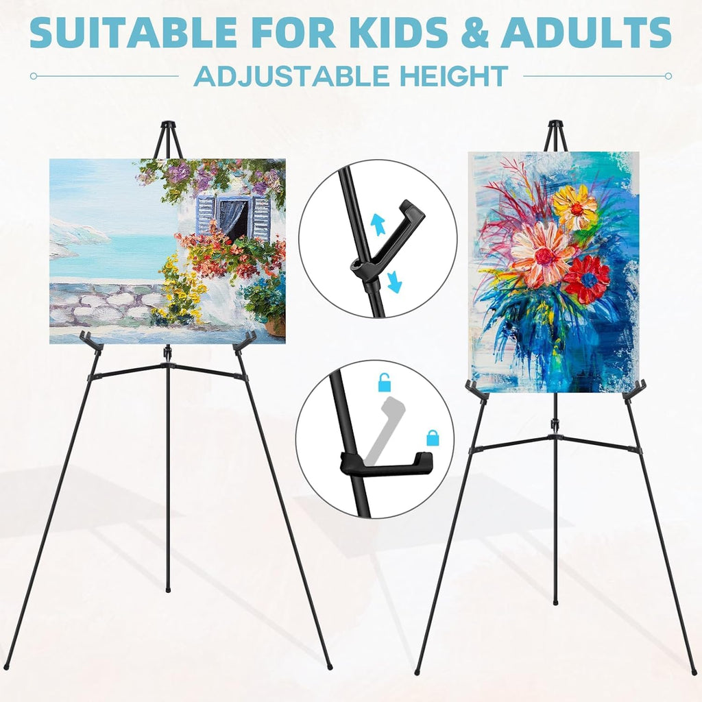 JEAWIWI 2 Pcs Black Easel Stand for Wedding Signs, 65" Black Adjustable Welcome Sign Stand, Foldable Portable Sign Easel Stand with Accessories, Metal Poster Easel for Art Displays and Events
