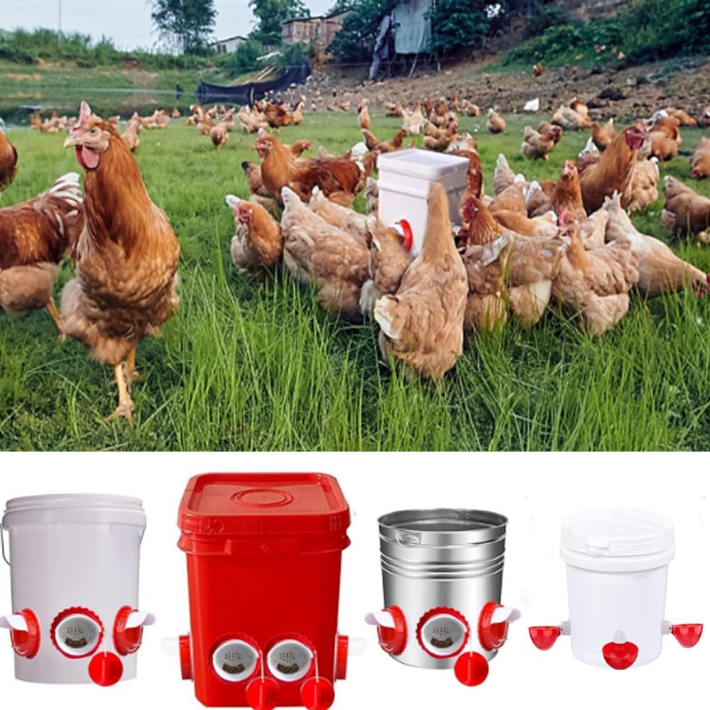 DIY Chicken Feeder and Waterer Set,No Waste Automatic Chicken Coop Accessories with 8 Chick Feeder Ports and 8 Water Feeder Cups, Rain-Proof Poultry Feeders Kit with Rat Stopper Cap