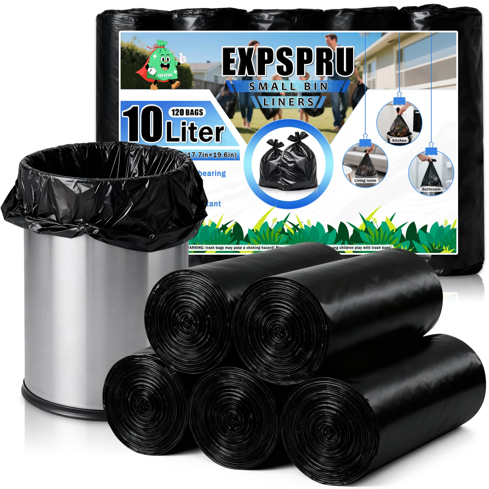Expspru Small Garbage Bags 3 Gallon Trash Bags 10L Bin Liners for Bathroom, Office, Bedroom, Kitchen, 120 Count,Black