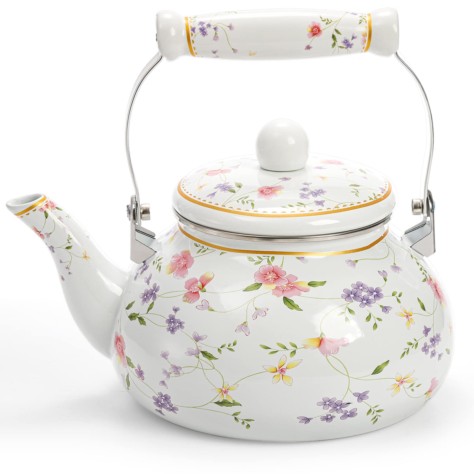Jucoan Vintage Enamel Tea Kettle, 2.6 Quart Floral Enamel Water Kettle Teapot with Porcelain Handle for Stovetop Home Kitchen Camping, Housewarming Wedding Bridal Shower Gift