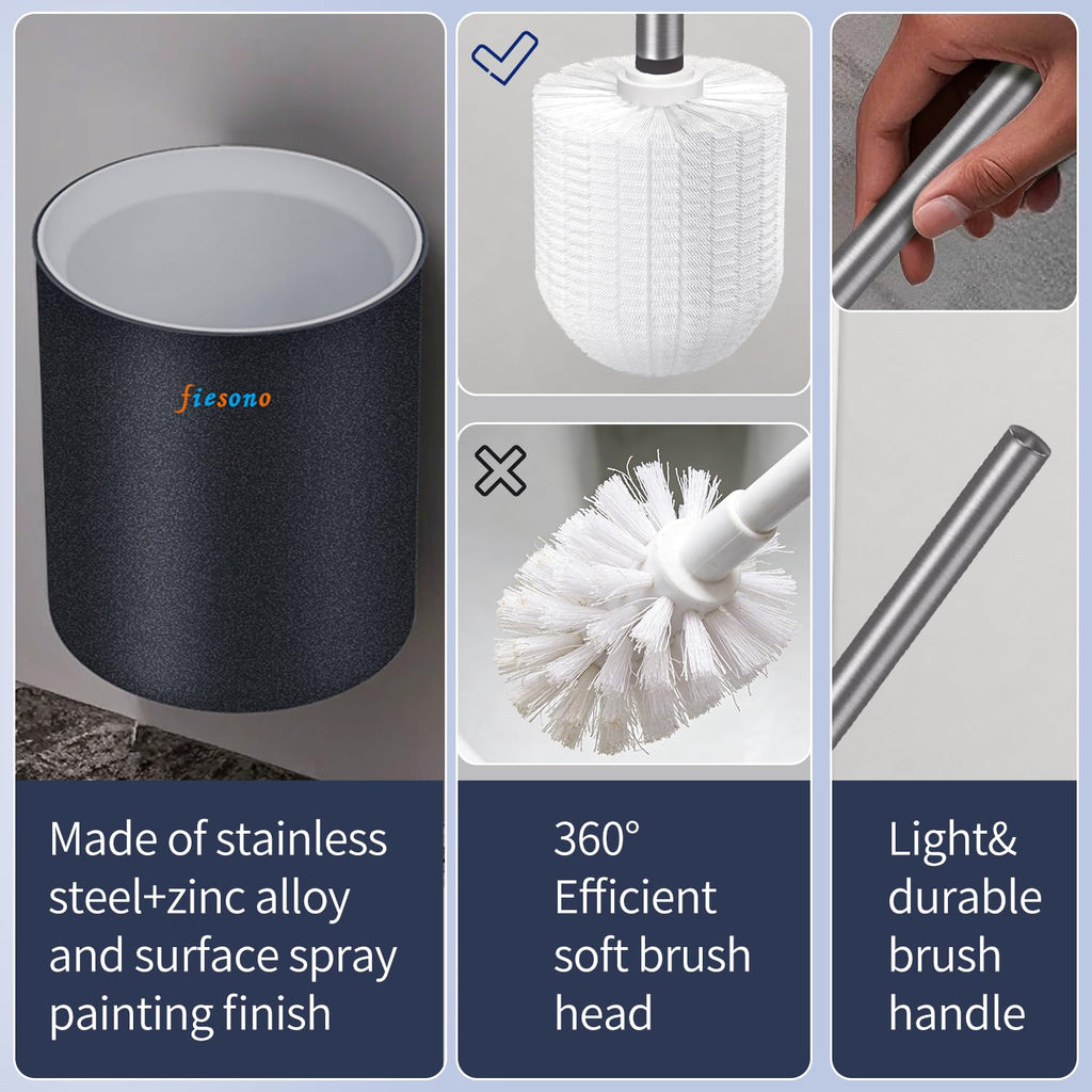 FIESONO Toilet Brush and Holder Set, Toilet Bowl Brush with Stainless Steel Light Brush Handle, Soft Bristle, Wall Mounted/Floor Standing for Bathroom Space Saving