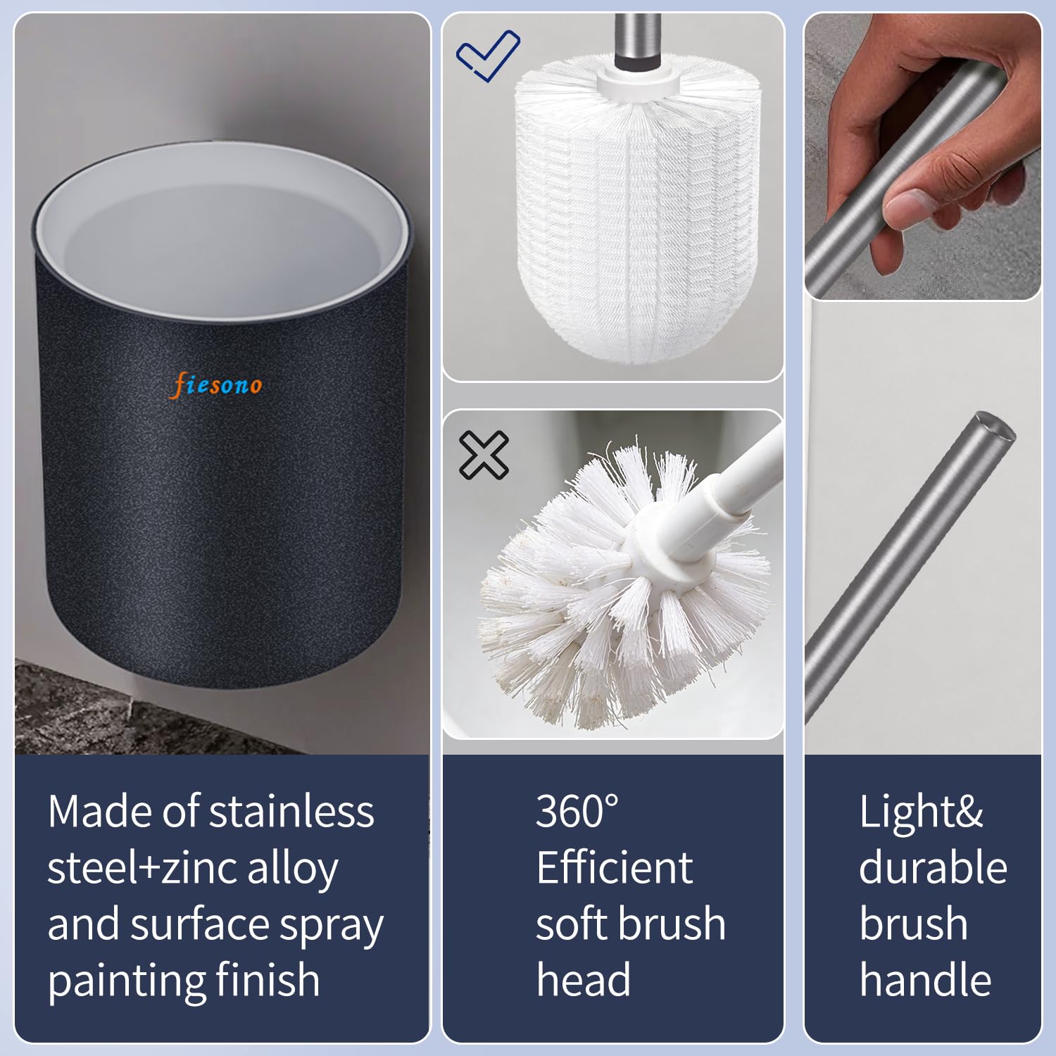 FIESONO Toilet Brush and Holder Set, Toilet Bowl Brush with Stainless Steel Light Brush Handle, Soft Bristle, Wall Mounted/Floor Standing for Bathroom Space Saving