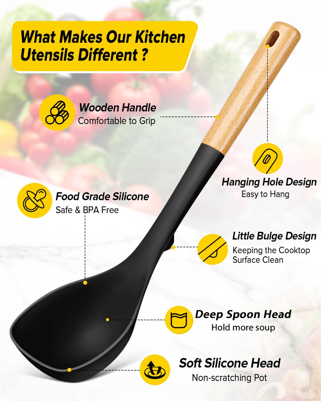 Silicone Soup Ladle and Spaghetti Spoon Set with Wooden Handle, Non Stick Heat Resistant Kitchen Utensils for Cooking, Stirring, Serving Pasta, Soup & Sauce(Black)