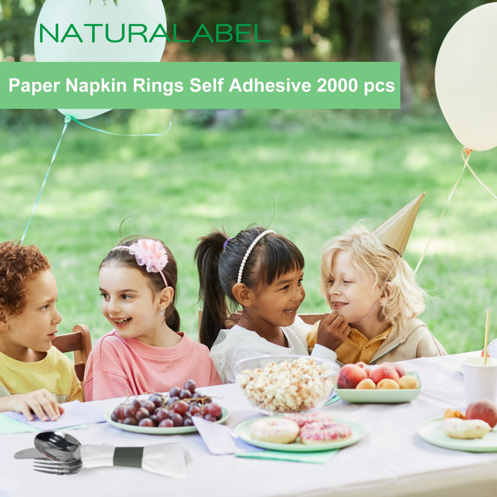 NATURALABEL Self-Adhesive Napkin Bands for Wrapping Silverware - Pack of 2,000, Paper Napkin Rings for Family Reunion, Birthday Party, Wedding, Celebration (Black)