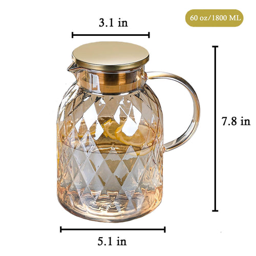 1.8L 60 oz Amber Glass Pitcher with Lid and Handle 2 Quart Water Pitcher with Spout Beverage Serveware Iced Tea Jug Water Carafe Heat Resistant Refrigerator Usable
