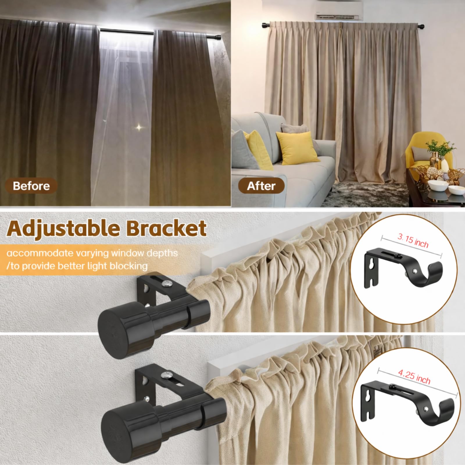 Black Curtain Rods for Windows 66 to 120-1 Inch Thick Heavy Duty Long Curtain Rods, No Sag & Easy Install - Decorative Modern Drapery Rods for Sliding Glass Door, Outdoor Patio, Living Room