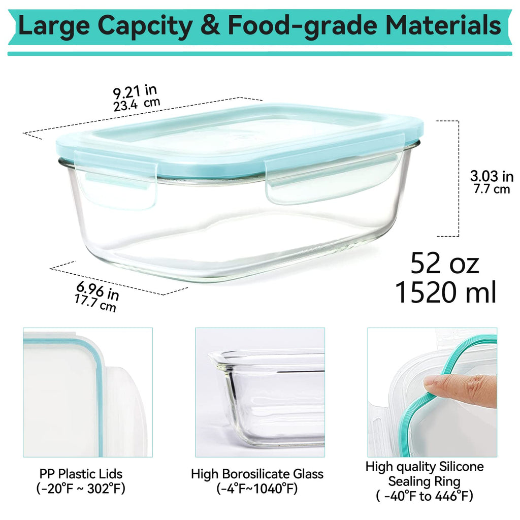 Luvan 2 Pack 1520Ml Large Glass Container Food Storage, Airtight Meal Prep Containers with Lids Lunch Box Set BPA Free & Leak-Proof for Microwave,Oven,Fridge and Dishwasher Safe