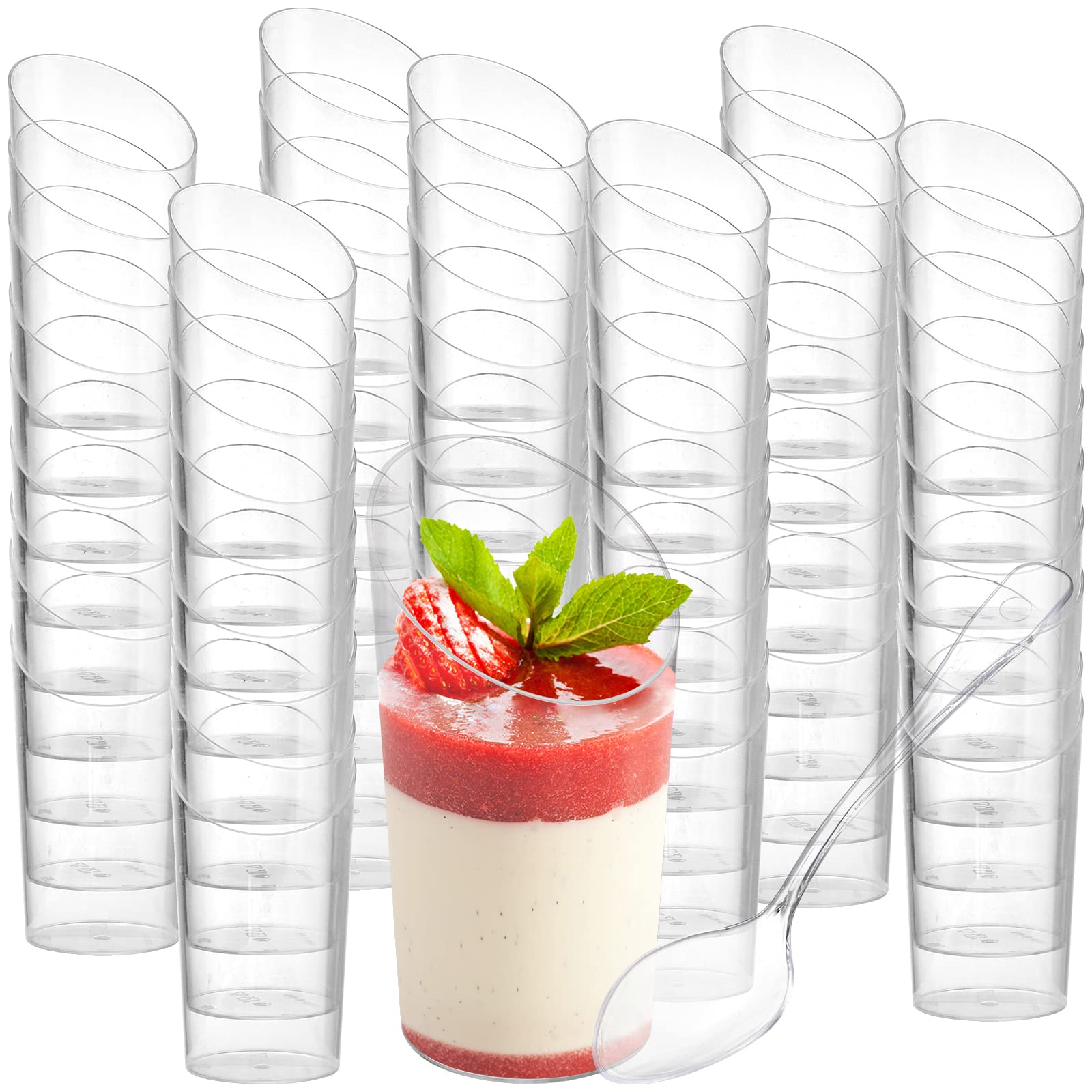 Tosnail 100 Pack 2.5 Oz/75ML Mini Plastic Dessert Appetizer Tumbler Cups with 100 Spoons, Clear Parfait Cup Slanted Pudding Container, Disposable Party Cups for Weddings, Party Event, Business - Round