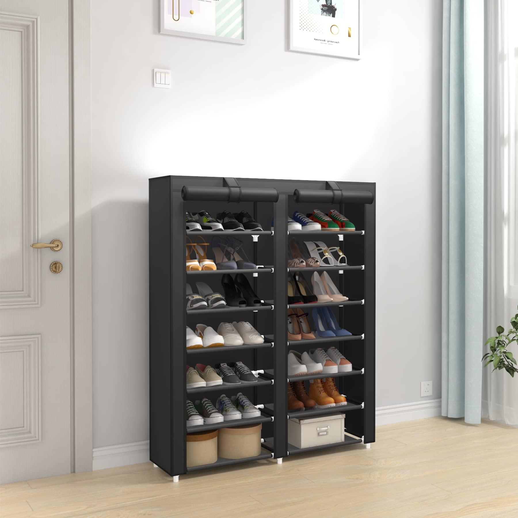 JIUYOTREE 7 Tier Shoe Rack Storage Organizer with Big Capacity,Double Row Shoe Cabinet,Shelf,Closet with Nonwoven Fabric Cover,Black