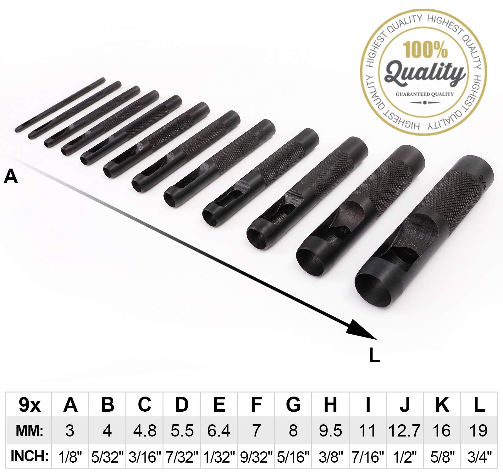 Spurtar Hollow Punch Set 12 Pieces 1/8"- 3/4"(3-19mm) Heavy Duty Carbon Steel Round Leather Hole Tool Leather Punch Set Kit for Watch Cloth Belt Gaskets with Storage Bag (Black)