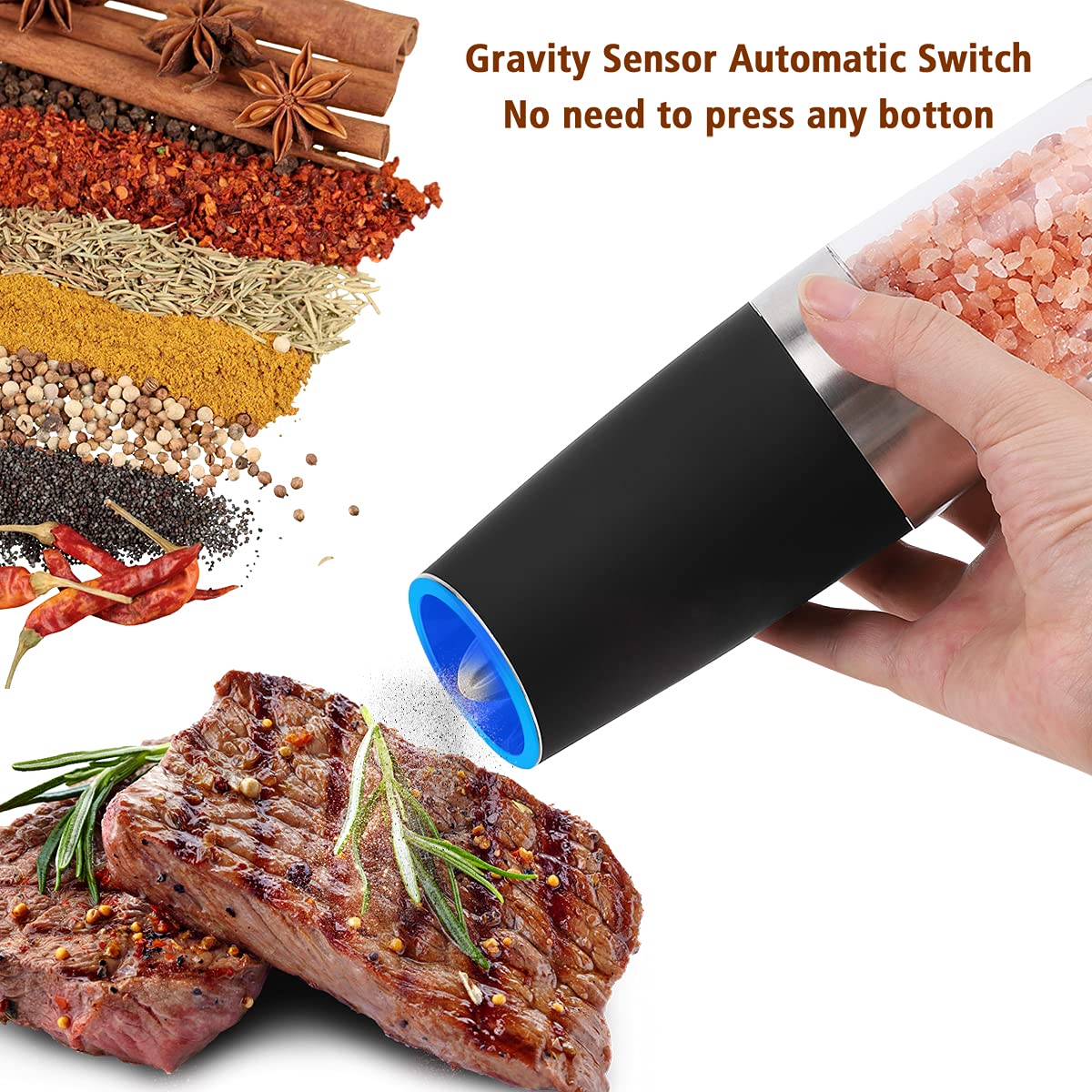 Electric Salt and Pepper Grinder Set: for Gravity Automatic Pepper Grinder, Battery Operated Pepper Mill with Ceramic Grind Adjustable Coarseness Electric Salt Grinder refillable Pepper Shaker 2 Pack