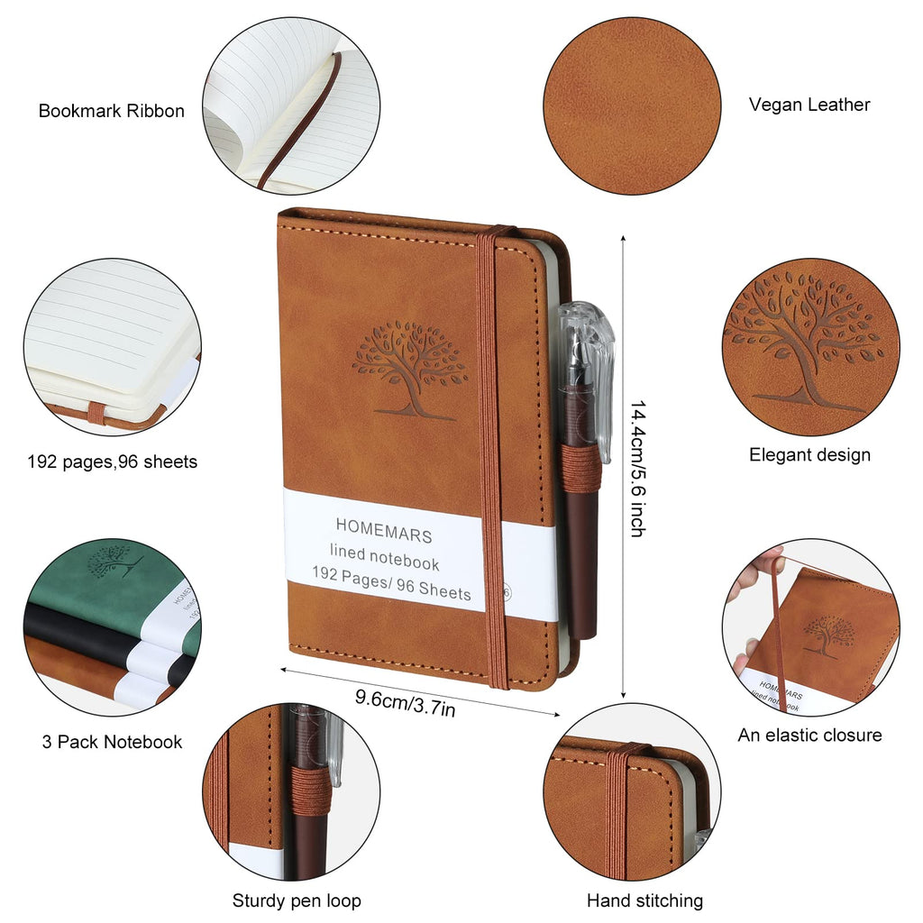 Notebooks, Notepad, Mini Notebook, 3 Pack with Pen,HOMEMARS Pocket Notebook, Lined Paper, 3.7" x 5.7"Leather, Brown, Green, Black, 192 Pages Each, Hardcover, Journal Notepad, Embossing Tree Design