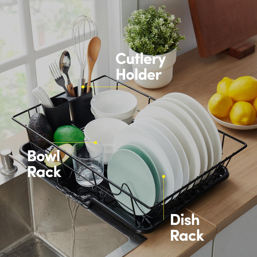 Sweet Home Collection Space-Saving 3-Piece Dish Drainer Rack Set: Efficient Kitchen Organizer for Quick Drying and Storage - Includes Cutlery Holder and Drainboard - Maximize Countertop Space, Black