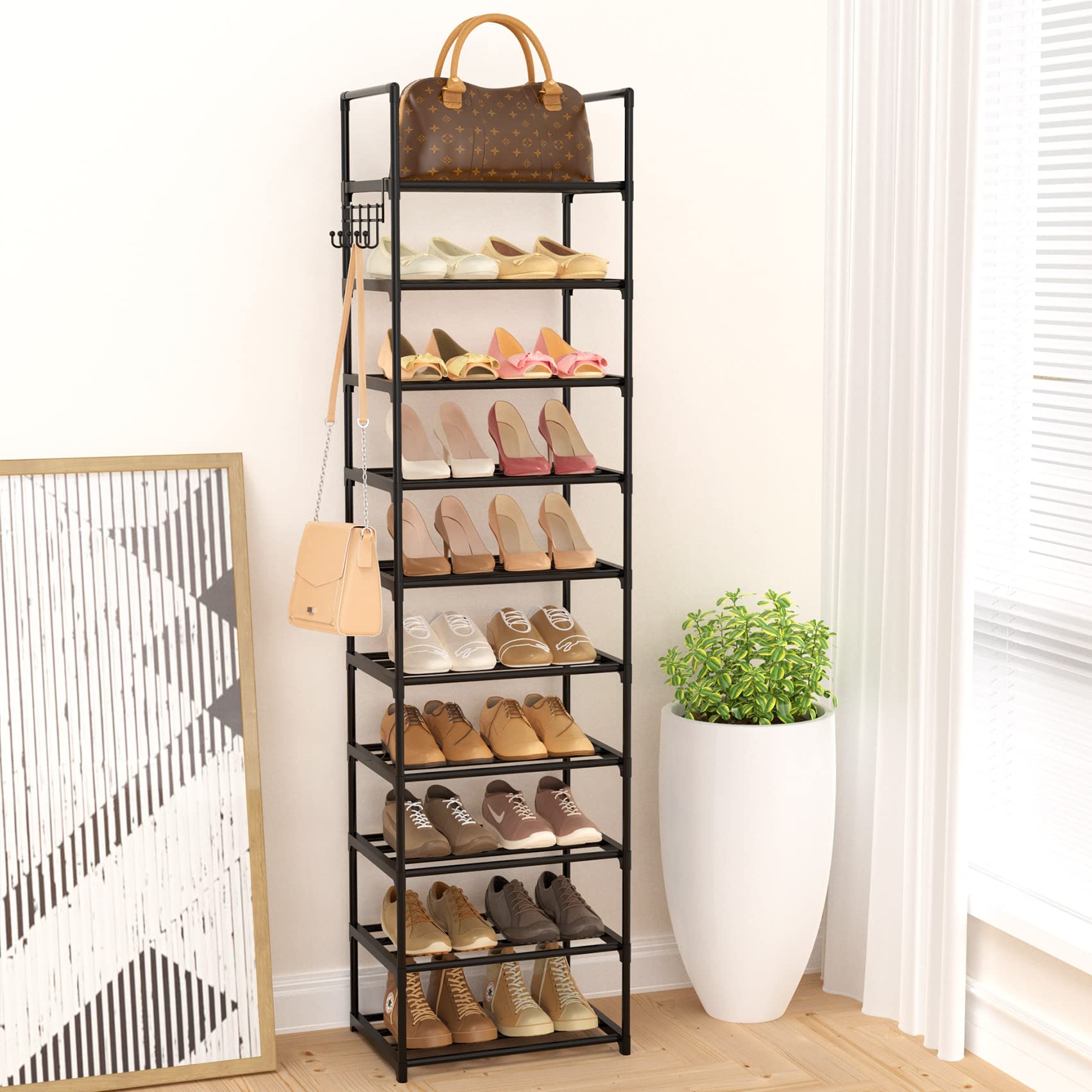 VTRIN 10 Tiers Narrow Shoe Rack 20-25 Pairs Shoe and Boots Organizer Storage Sturdy Shoe Shelf, Metal Shoe Rack for Entryway, Bedroom, 17 x 12 x 79 Inches, Black Vertical Stackable with 5 Hooks