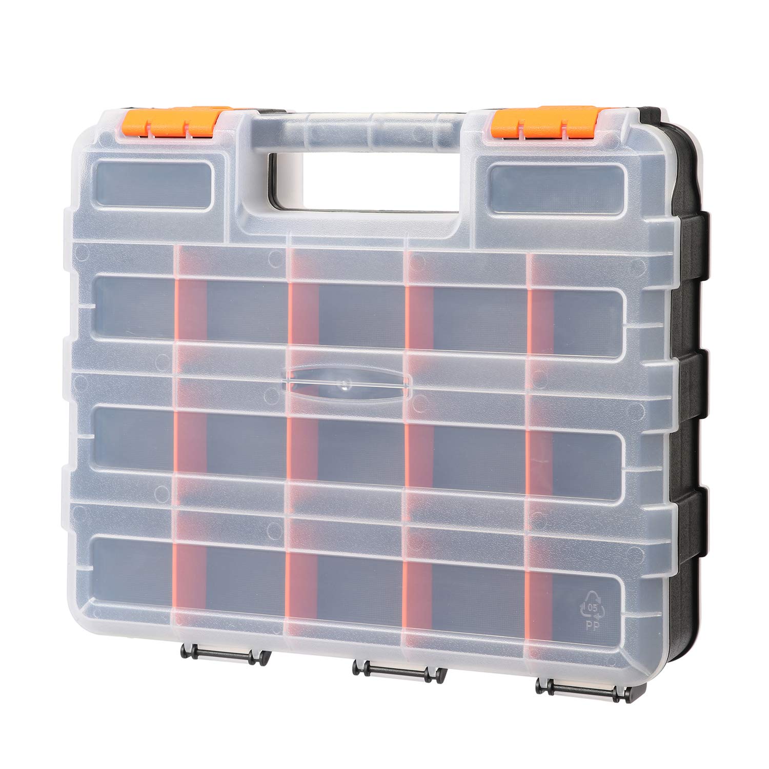 Makitoyo Double Side Tools Organizer, Customizable Removable Plastic Dividers, Hardware Box Storage, Excellent for Screws,Nuts,Small Parts, 34-Compartment, Black/Orange