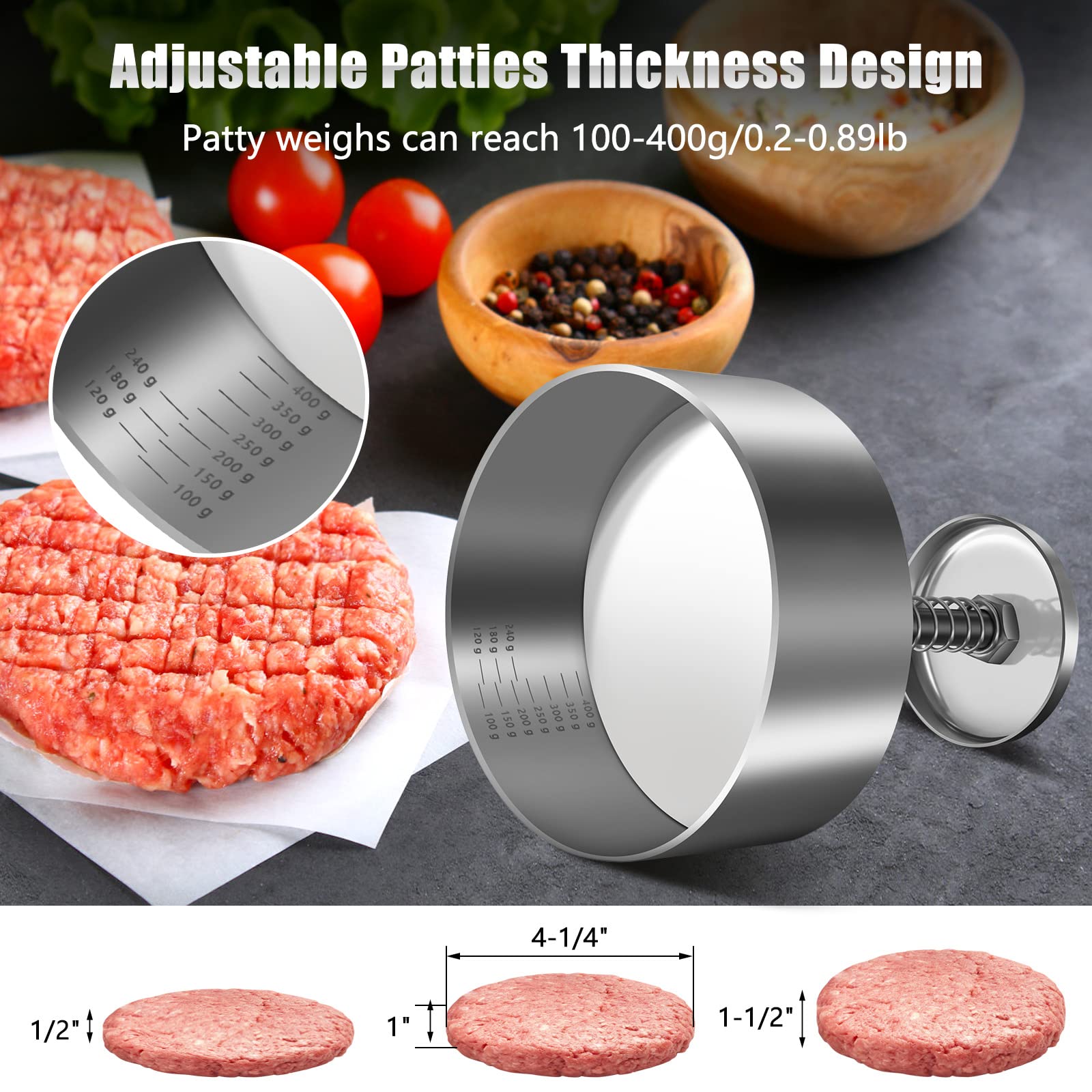 TIANTOU Burger Press, Adjustable Hamburger Meat Press, 304 Stainless Steel Non Stick Patty Press, BPA Free, Suitable for Beef, Burgers and Cooking, Ideal for BBQ and Homemade Hamburger