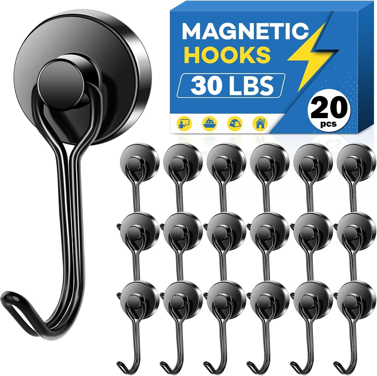 LOVIMAG Magnetic Hooks, Strong Magnetic Hooks for Cruise Cabins, Black Swivel Magnetic Hooks Heavy Duty, 25LBS Magnetic Hooks for Refrigerator, Hanging, Grill, Locker,Metal Door- 20 Pcs