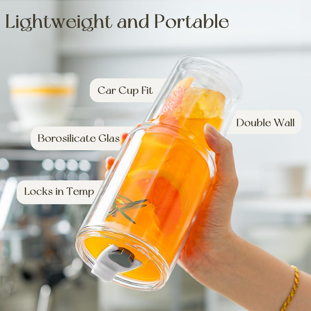 KEMORELA 28oz Clear Double Wall Glass Tumblers Set of 2, Extra-Wide 13mm Reusable Drinking Straws, Boba Tumbler, Wide-Mouth Water Cups for Iced Coffee, Smoothies, Boba & Tea Lovers