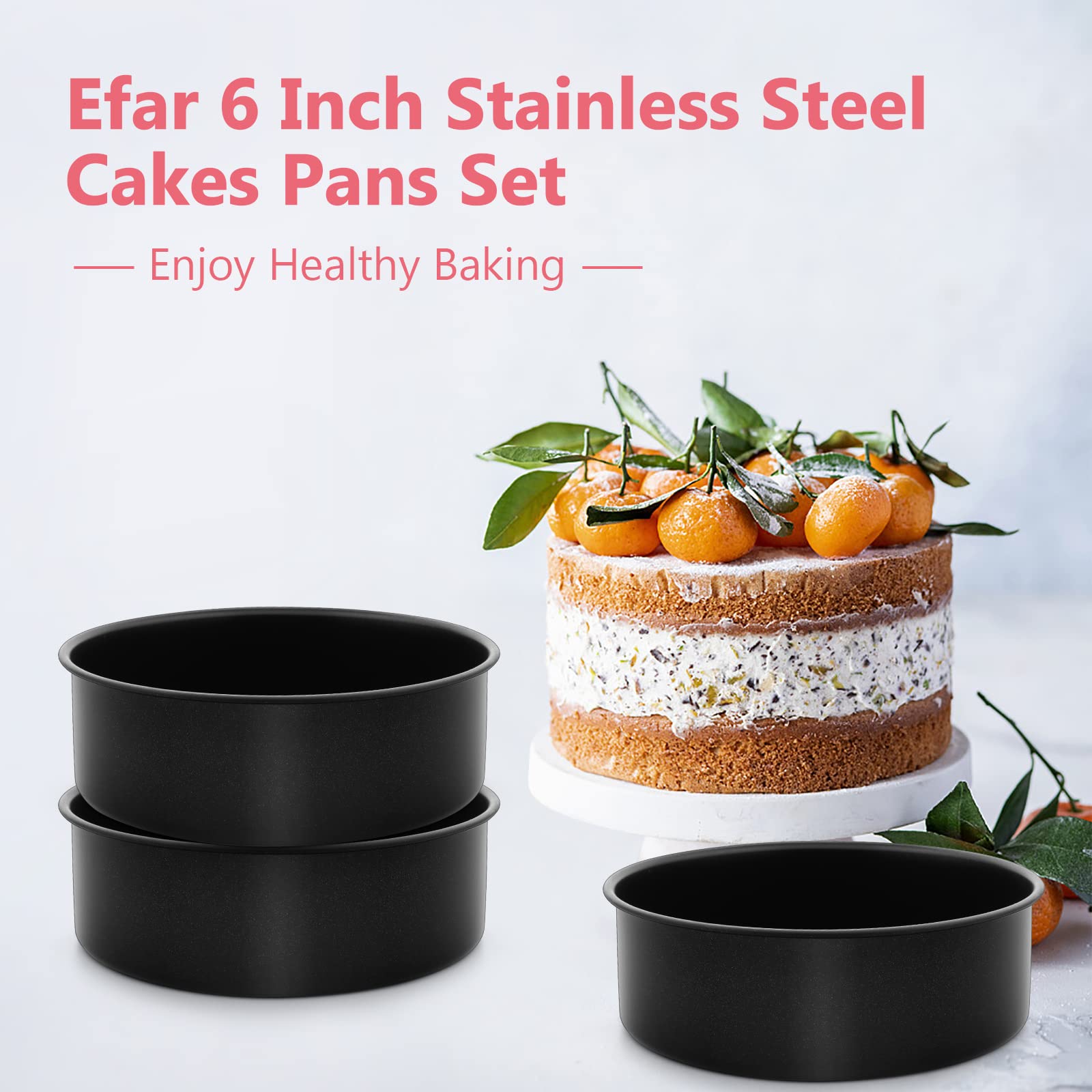 6 Inch Cake Pan Set of 3, E-far Nonstick Stainless Steel Small Round Cake Pans Tin for Baking Layer Cakes, Stainless Steel Core & Non-Toxic Coating, Straight Side & 2 Inch Deep