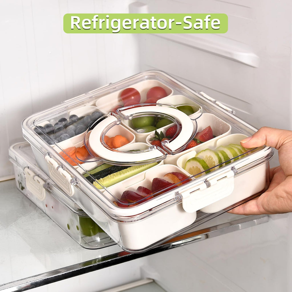 Snackle Box 8 Compartment Divider Box, Divided Serving Tray with Lid and Handle - Charcuterie Container for Portable Snack Platters - Clear Organizer for Candy, Fruits, Nuts - Perfect for Party