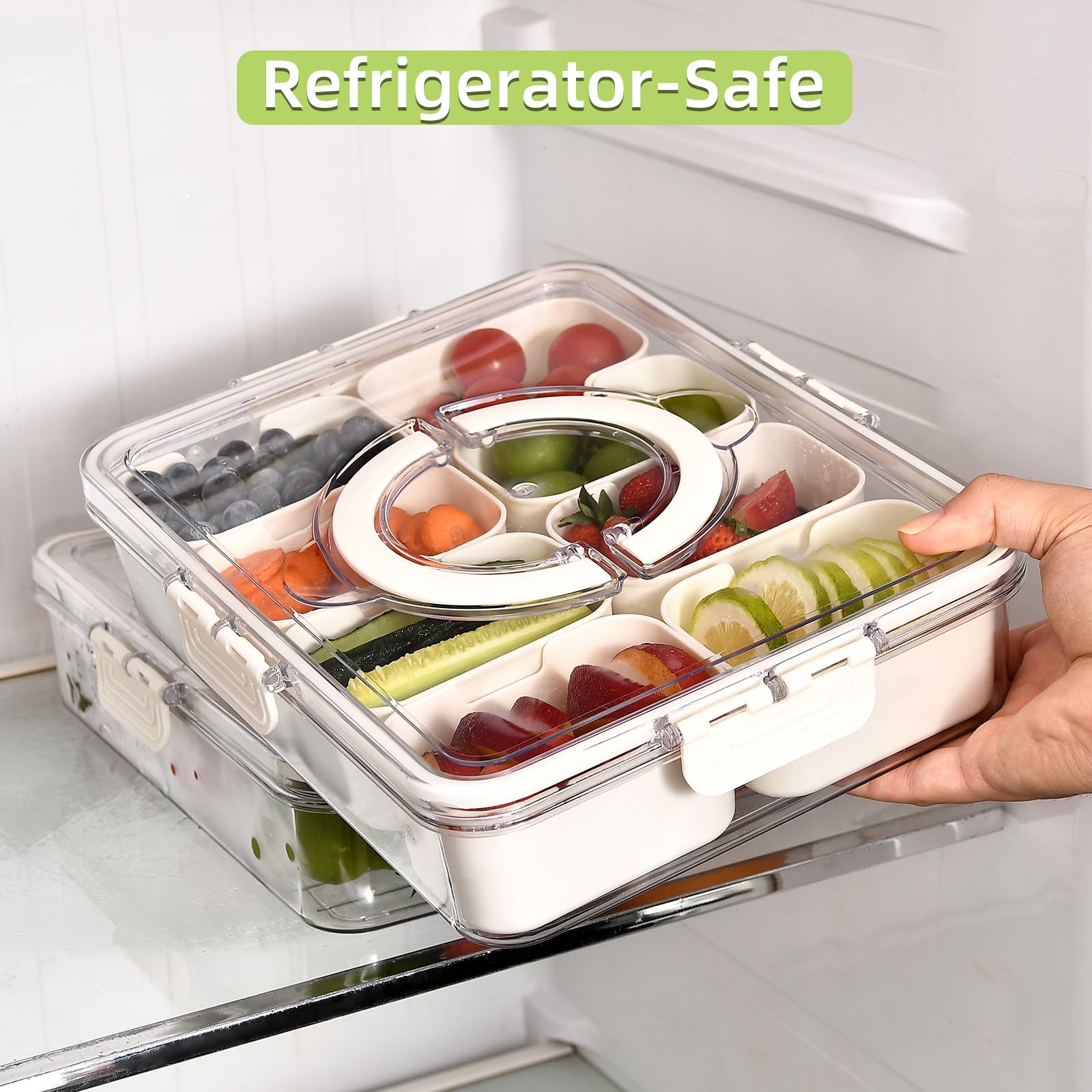 Snackle Box 8 Compartment Divider Box, Divided Serving Tray with Lid and Handle - Charcuterie Container for Portable Snack Platters - Clear Organizer for Candy, Fruits, Nuts - Perfect for Party